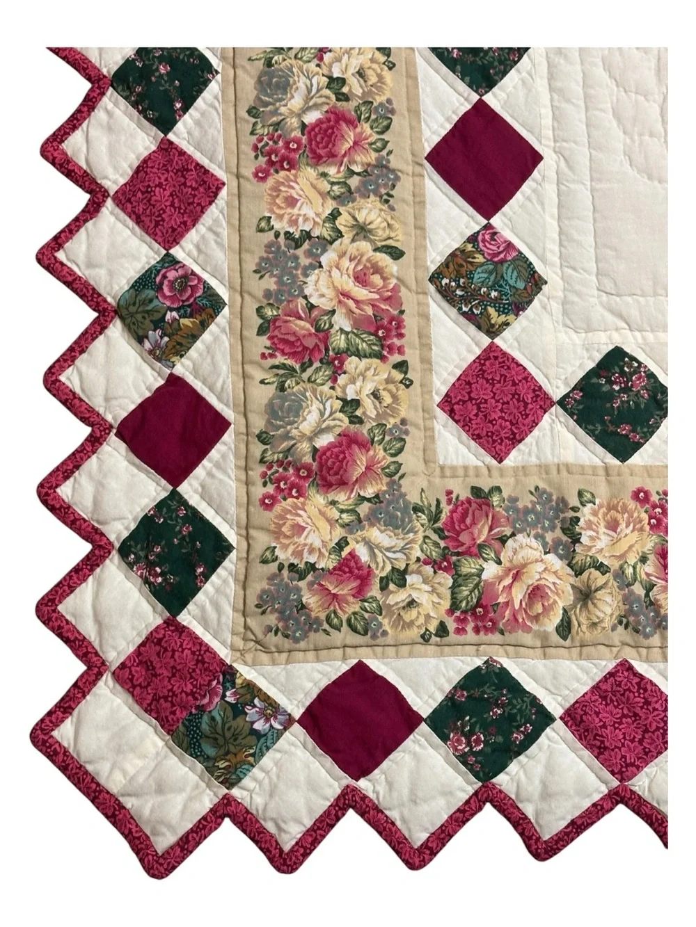 Vint Floral Patchwork Quilt Twin Center Medallion Sawtooth Trim Burgundy Green